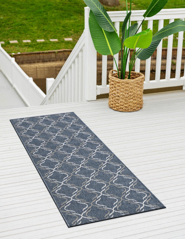 Navy Blue 2' x 8' Outdoor Trellis Runner Area Rug Weather Resistant for Patio, Deck, Terrace, Balcony, Porch Geometric Design Water Safe Outside Carpet for Sale at Rug Engine