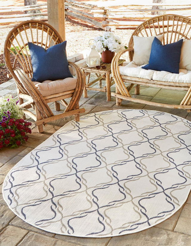 Ivory 5' 3 x 8' Outdoor Trellis Oval Area Rug Weather Resistant for Patio, Deck, Terrace, Balcony, Porch Geometric Design Water Safe Outside Carpet for Sale at Rug Engine