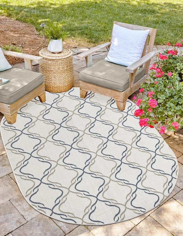 Ivory 7' 10 x 10' Outdoor Trellis Oval Area Rug Weather Resistant for Patio, Deck, Terrace, Balcony, Porch Geometric Design Water Safe Outside Carpet for Sale at Rug Engine