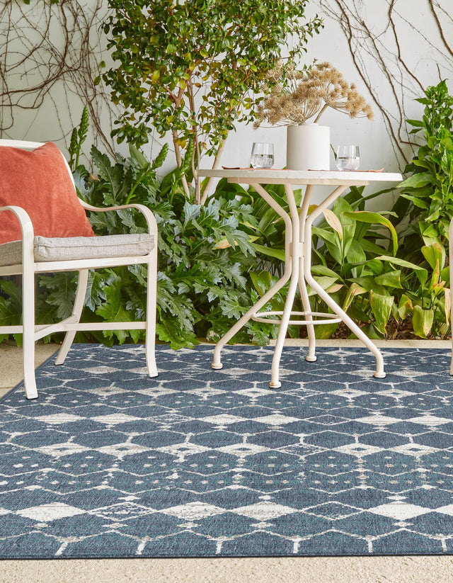 Navy Blue 5' 3 x 8' Outdoor Trellis Rectangle Area Rug Weather Resistant for Patio, Deck, Terrace, Balcony, Porch Geometric Design Water Safe Outside Carpet for Sale at Rug Engine