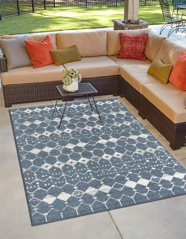 Navy Blue 4' x 6' Outdoor Trellis Rectangle Area Rug Weather Resistant for Patio, Deck, Terrace, Balcony, Porch Geometric Design Water Safe Outside Carpet for Sale at Rug Engine