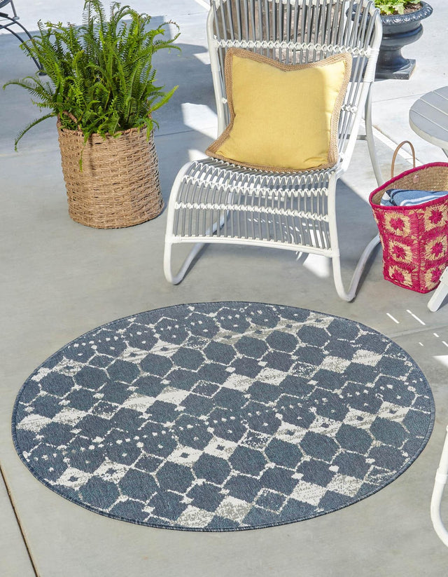 Navy Blue 4' x 4' Outdoor Trellis Round Area Rug Weather Resistant for Patio, Deck, Terrace, Balcony, Porch Geometric Design Water Safe Outside Carpet for Sale at Rug Engine