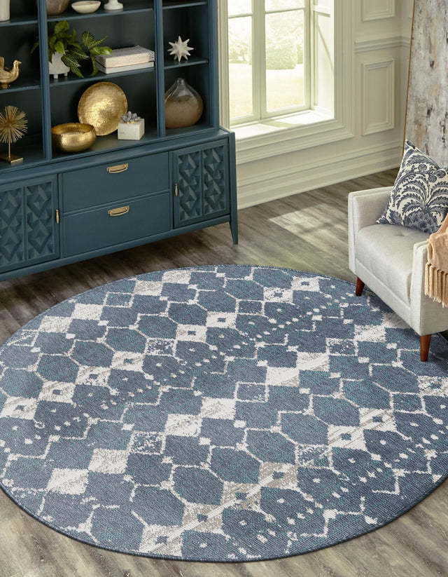Navy Blue 4' x 4' Outdoor Trellis Round Area Rug Weather Resistant for Patio, Deck, Terrace, Balcony, Porch Geometric Design Water Safe Outside Carpet for Sale at Rug Engine