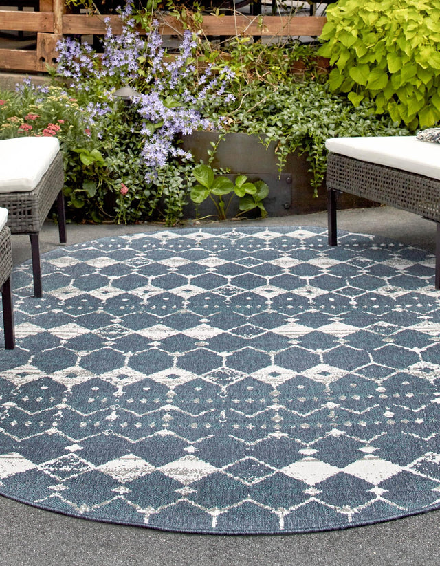 Navy Blue 7' 10 x 10' Outdoor Trellis Oval Area Rug Weather Resistant for Patio, Deck, Terrace, Balcony, Porch Geometric Design Water Safe Outside Carpet for Sale at Rug Engine