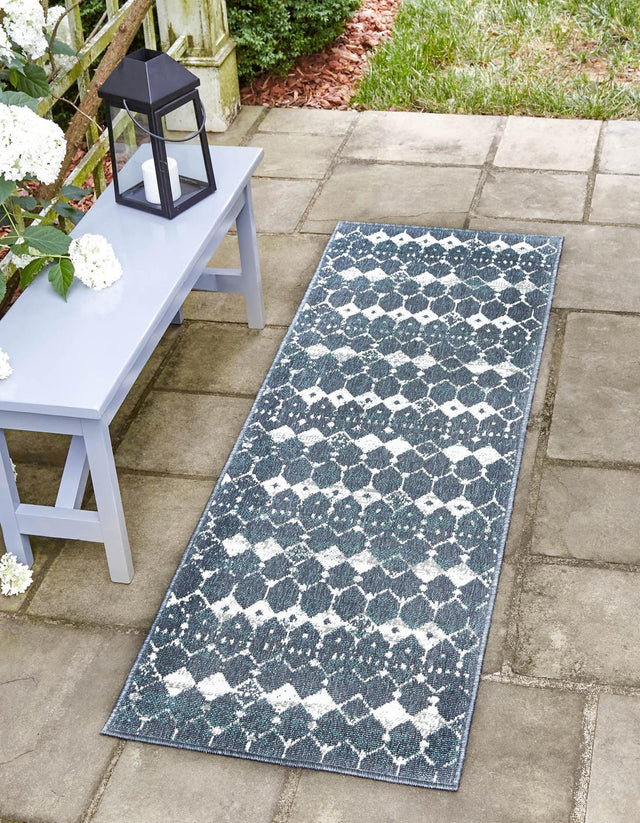 Navy Blue 2' x 8' Outdoor Trellis Runner Area Rug Weather Resistant for Patio, Deck, Terrace, Balcony, Porch Geometric Design Water Safe Outside Carpet for Sale at Rug Engine