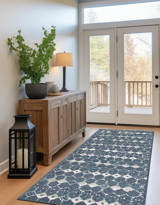 Navy Blue 2' x 6' Outdoor Trellis Runner Area Rug Weather Resistant for Patio, Deck, Terrace, Balcony, Porch Geometric Design Water Safe Outside Carpet for Sale at Rug Engine