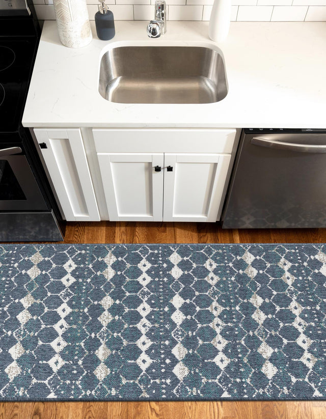 Navy Blue 2' x 8' Outdoor Trellis Runner Area Rug Weather Resistant for Patio, Deck, Terrace, Balcony, Porch Geometric Design Water Safe Outside Carpet for Sale at Rug Engine