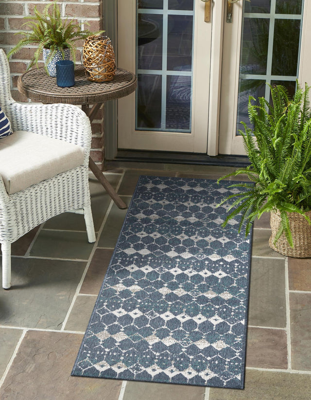 Navy Blue 2' x 8' Outdoor Trellis Runner Area Rug Weather Resistant for Patio, Deck, Terrace, Balcony, Porch Geometric Design Water Safe Outside Carpet for Sale at Rug Engine