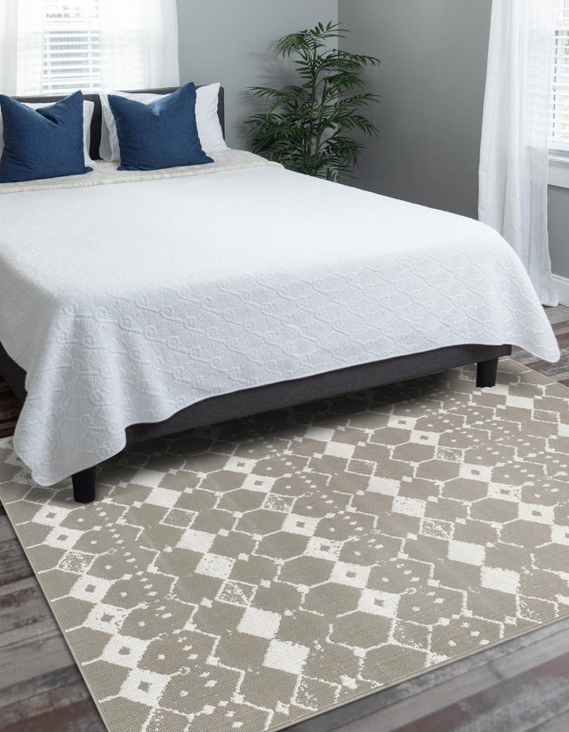 Gray 5' 3 x 8' Outdoor Trellis Rectangle Area Rug Weather Resistant for Patio, Deck, Terrace, Balcony, Porch Geometric Design Water Safe Outside Carpet for Sale at Rug Engine
