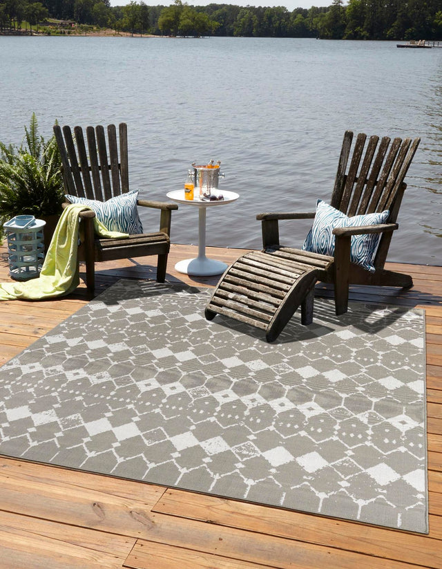 Gray 7' 10 x 7' 10 Outdoor Trellis Square Area Rug Weather Resistant for Patio, Deck, Terrace, Balcony, Porch Geometric Design Water Safe Outside Carpet for Sale at Rug Engine