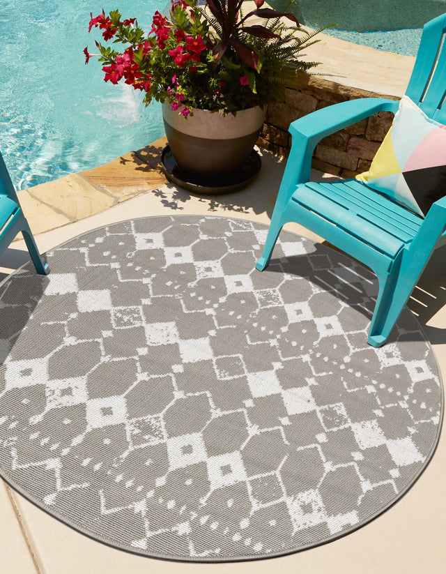 Gray 7' x 7' Outdoor Trellis Round Area Rug Weather Resistant for Patio, Deck, Terrace, Balcony, Porch Geometric Design Water Safe Outside Carpet for Sale at Rug Engine