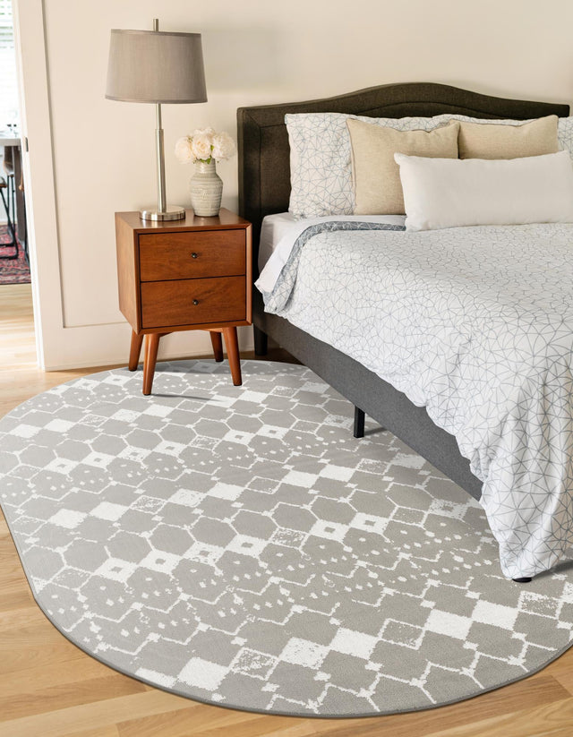 Gray 5' 3 x 8' Outdoor Trellis Oval Area Rug Weather Resistant for Patio, Deck, Terrace, Balcony, Porch Geometric Design Water Safe Outside Carpet for Sale at Rug Engine