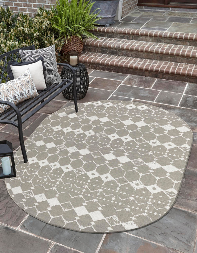 Gray 7' 10 x 10' Outdoor Trellis Oval Area Rug Weather Resistant for Patio, Deck, Terrace, Balcony, Porch Geometric Design Water Safe Outside Carpet for Sale at Rug Engine