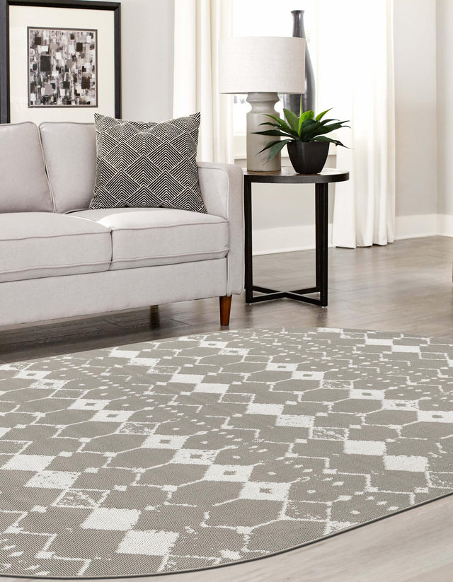 Gray 5' 3 x 8' Outdoor Trellis Oval Area Rug Weather Resistant for Patio, Deck, Terrace, Balcony, Porch Geometric Design Water Safe Outside Carpet for Sale at Rug Engine