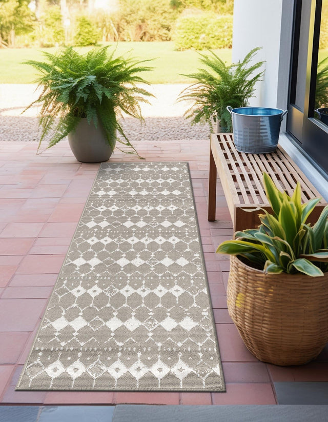 Gray 2' x 6' Outdoor Trellis Runner Area Rug Weather Resistant for Patio, Deck, Terrace, Balcony, Porch Geometric Design Water Safe Outside Carpet for Sale at Rug Engine
