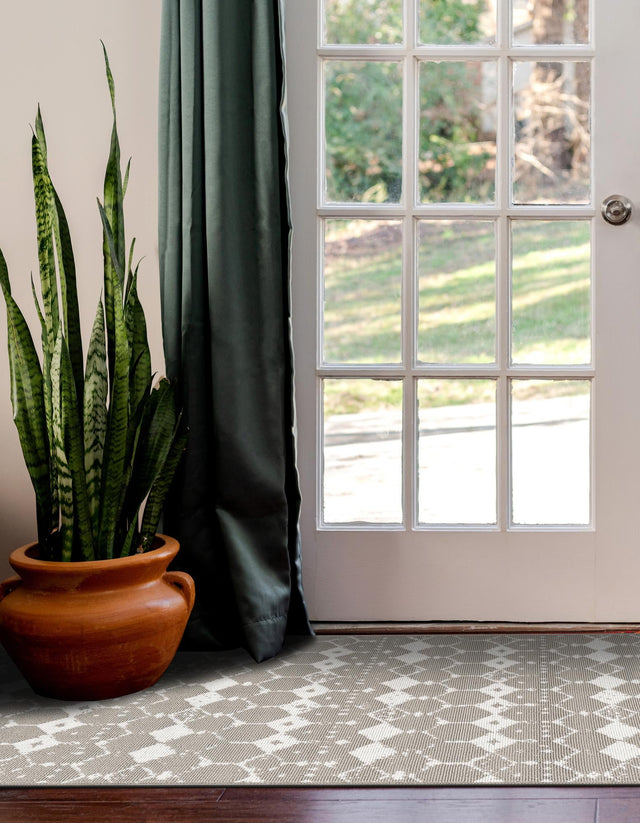 Gray 2' x 6' Outdoor Trellis Runner Area Rug Weather Resistant for Patio, Deck, Terrace, Balcony, Porch Geometric Design Water Safe Outside Carpet for Sale at Rug Engine