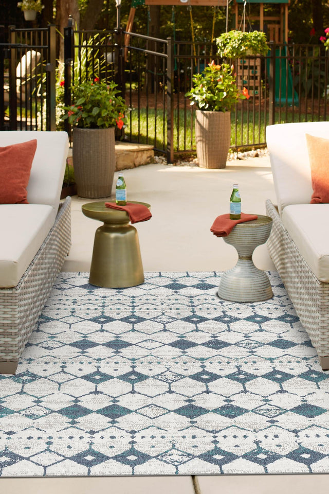 Ivory and Blue 9' x 12' Outdoor Trellis Rectangle Area Rug Weather Resistant for Patio, Deck, Terrace, Balcony, Porch Geometric Design Water Safe Outside Carpet for Sale at Rug Engine