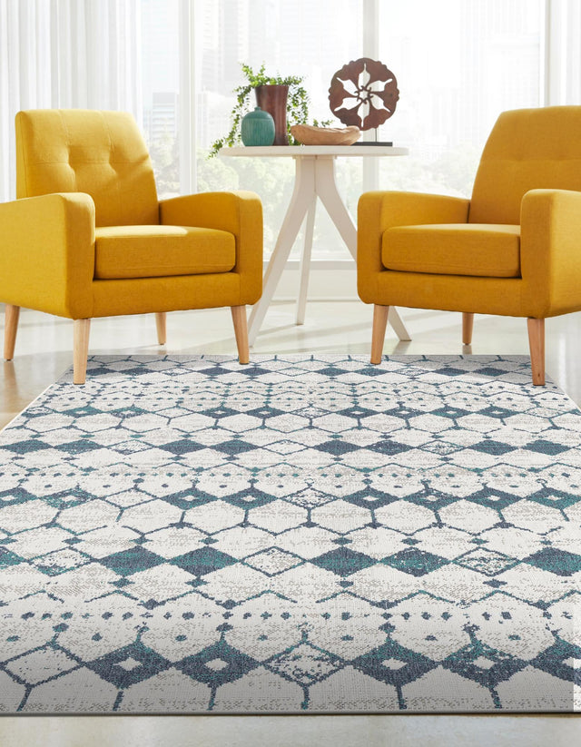 Ivory and Blue 4' x 6' Outdoor Trellis Rectangle Area Rug Weather Resistant for Patio, Deck, Terrace, Balcony, Porch Geometric Design Water Safe Outside Carpet for Sale at Rug Engine