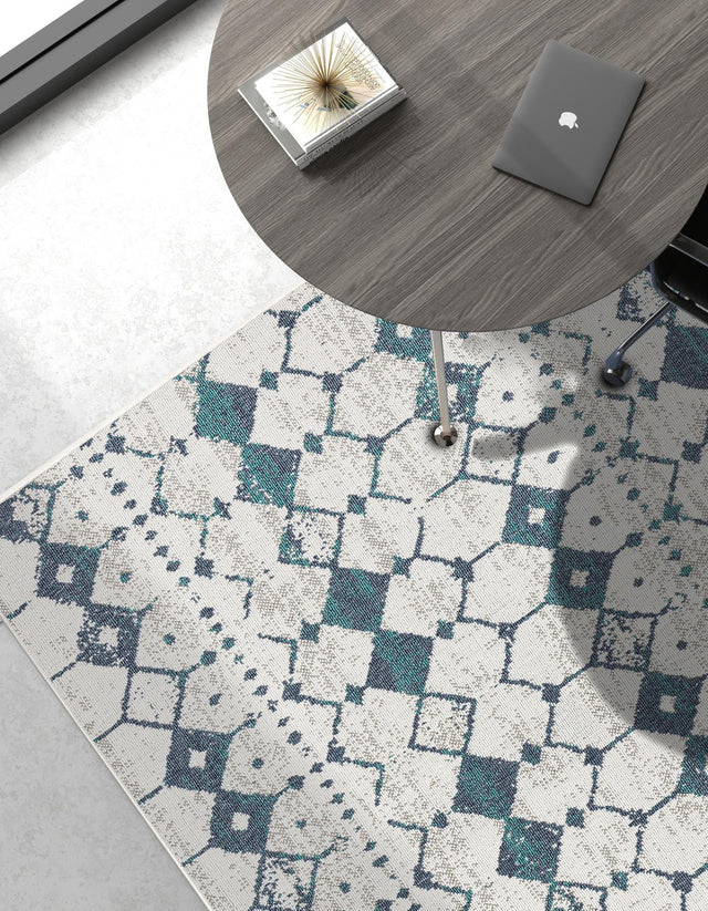 Ivory and Blue 7' 10 x 10' Outdoor Trellis Rectangle Area Rug Weather Resistant for Patio, Deck, Terrace, Balcony, Porch Geometric Design Water Safe Outside Carpet for Sale at Rug Engine