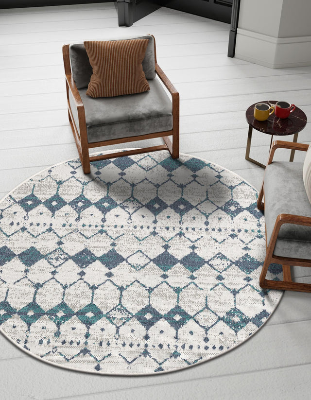 Ivory and Blue 7' x 7' Outdoor Trellis Round Area Rug Weather Resistant for Patio, Deck, Terrace, Balcony, Porch Geometric Design Water Safe Outside Carpet for Sale at Rug Engine