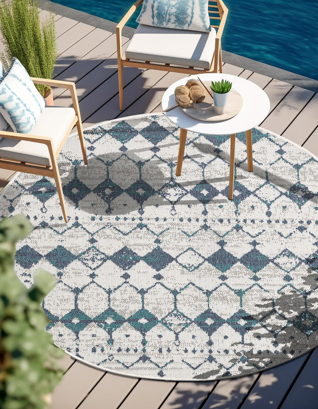Ivory and Blue 7' x 7' Outdoor Trellis Round Area Rug Weather Resistant for Patio, Deck, Terrace, Balcony, Porch Geometric Design Water Safe Outside Carpet for Sale at Rug Engine