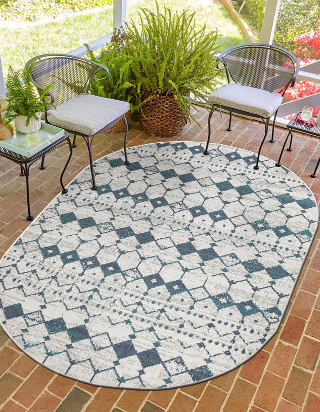 Ivory and Blue 5' 3 x 8' Outdoor Trellis Oval Area Rug Weather Resistant for Patio, Deck, Terrace, Balcony, Porch Geometric Design Water Safe Outside Carpet for Sale at Rug Engine