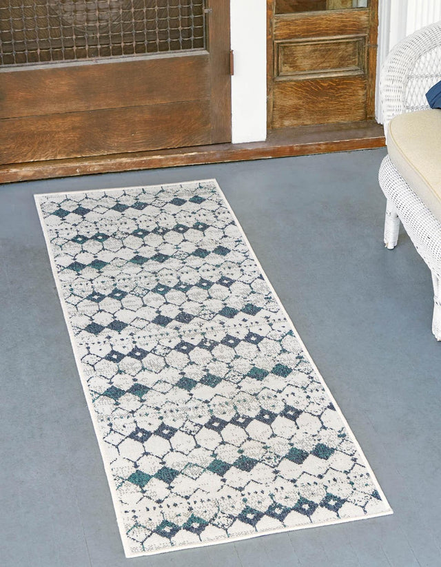 Ivory and Blue 2' x 6' Outdoor Trellis Runner Area Rug Weather Resistant for Patio, Deck, Terrace, Balcony, Porch Geometric Design Water Safe Outside Carpet for Sale at Rug Engine