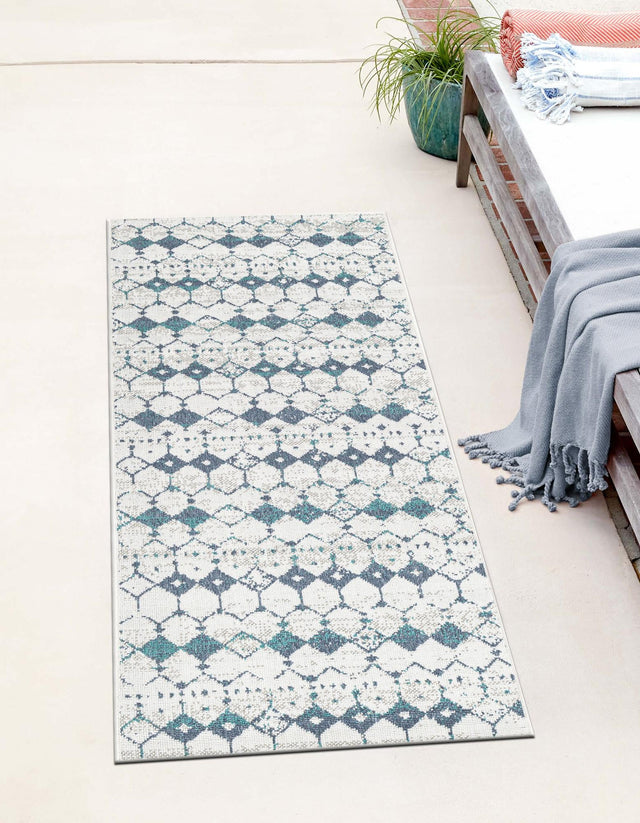 Ivory and Blue 2' x 6' Outdoor Trellis Runner Area Rug Weather Resistant for Patio, Deck, Terrace, Balcony, Porch Geometric Design Water Safe Outside Carpet for Sale at Rug Engine