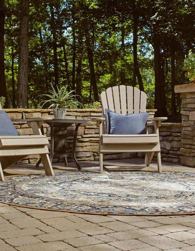 Blue 7' 10 x 7' 10 Outdoor Traditional Round Area Rug Weather Resistant for Patio, Deck, Terrace, Balcony, Porch Classical Design Outside Carpet for Sale at Rug Engine