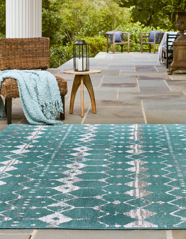 Teal 7' 10 x 7' 10 Outdoor Trellis Square Area Rug Weather Resistant for Patio, Deck, Terrace, Balcony, Porch Geometric Design Water Safe Outside Carpet for Sale at Rug Engine
