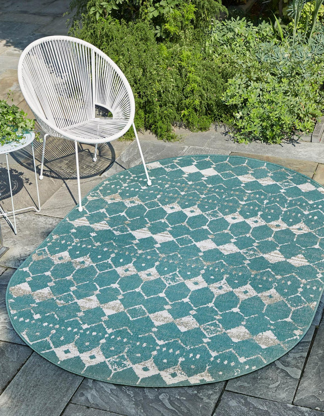 Teal 7' 10 x 10' Outdoor Trellis Oval Area Rug Weather Resistant for Patio, Deck, Terrace, Balcony, Porch Geometric Design Water Safe Outside Carpet for Sale at Rug Engine