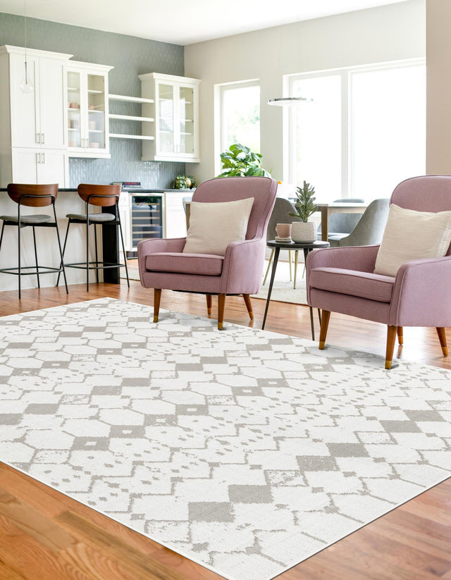 Ivory and Gray 5' 3 x 8' Outdoor Trellis Rectangle Area Rug Weather Resistant for Patio, Deck, Terrace, Balcony, Porch Geometric Design Water Safe Outside Carpet for Sale at Rug Engine