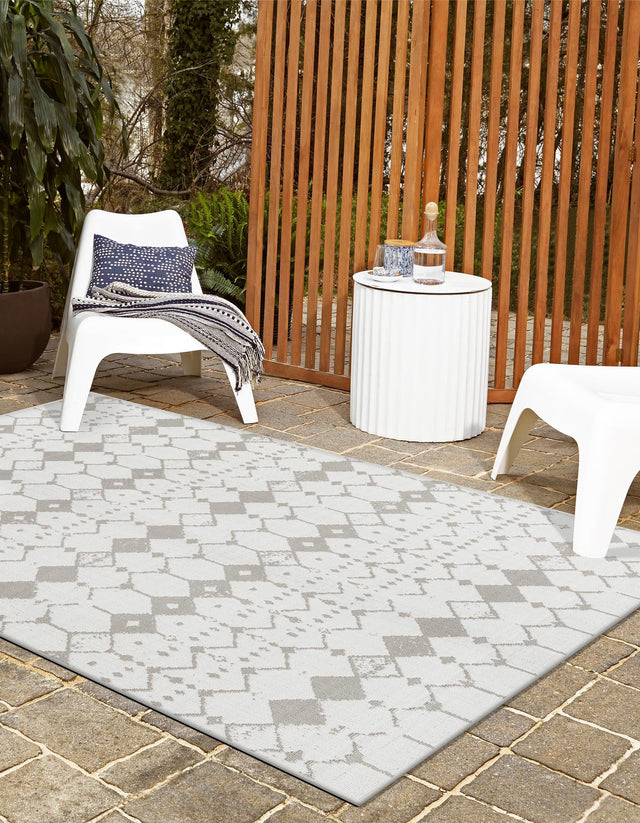 Ivory and Gray 6' x 9' Outdoor Trellis Rectangle Area Rug Weather Resistant for Patio, Deck, Terrace, Balcony, Porch Geometric Design Water Safe Outside Carpet for Sale at Rug Engine