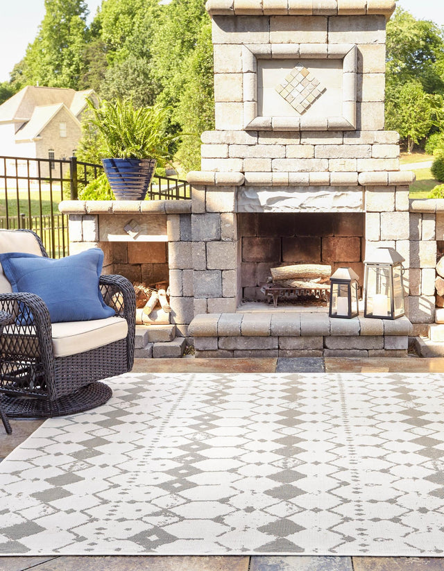 Ivory and Gray 7' 10 x 7' 10 Outdoor Trellis Square Area Rug Weather Resistant for Patio, Deck, Terrace, Balcony, Porch Geometric Design Water Safe Outside Carpet for Sale at Rug Engine