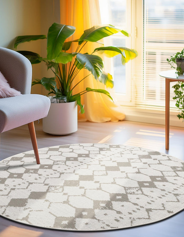 Ivory and Gray 7' x 7' Outdoor Trellis Round Area Rug Weather Resistant for Patio, Deck, Terrace, Balcony, Porch Geometric Design Water Safe Outside Carpet for Sale at Rug Engine