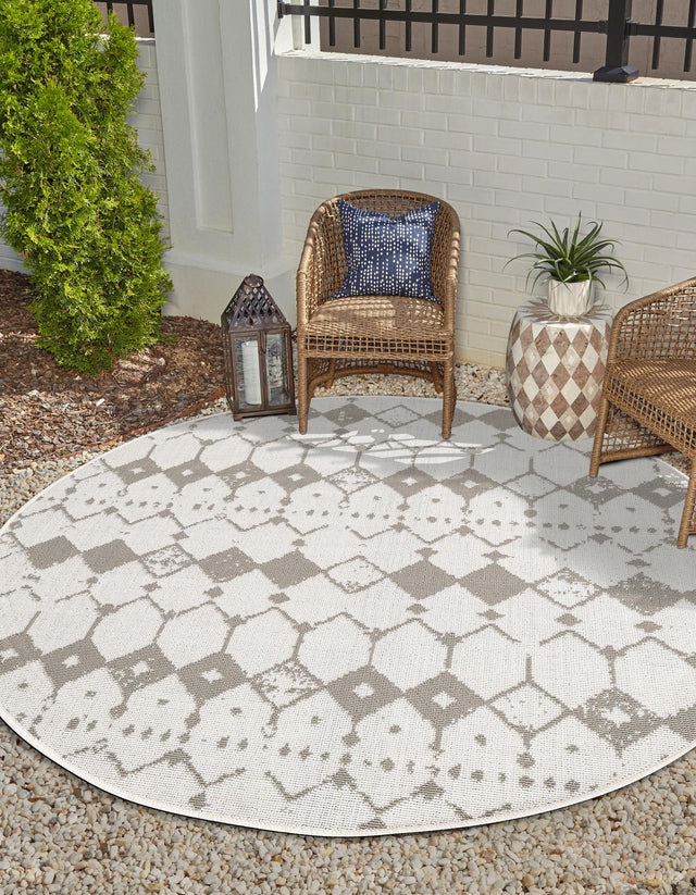 Ivory and Gray 7' x 7' Outdoor Trellis Round Area Rug Weather Resistant for Patio, Deck, Terrace, Balcony, Porch Geometric Design Water Safe Outside Carpet for Sale at Rug Engine
