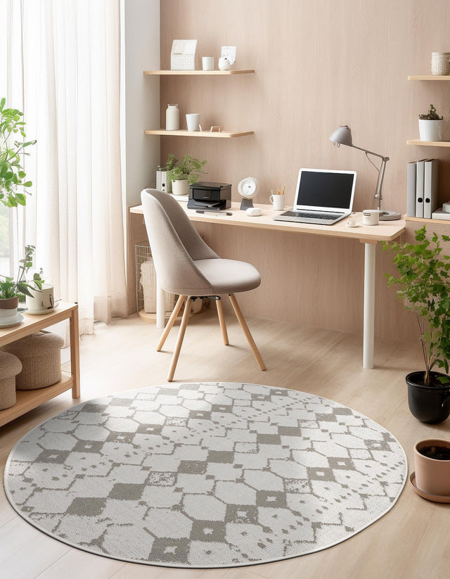 Ivory and Gray 7' x 7' Outdoor Trellis Round Area Rug Weather Resistant for Patio, Deck, Terrace, Balcony, Porch Geometric Design Water Safe Outside Carpet for Sale at Rug Engine