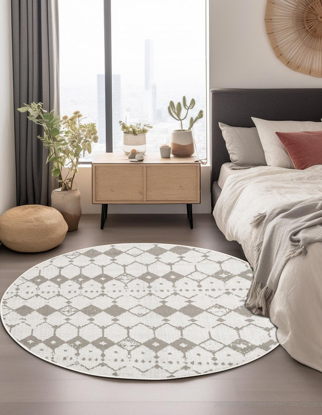 Ivory and Gray 7' x 7' Outdoor Trellis Round Area Rug Weather Resistant for Patio, Deck, Terrace, Balcony, Porch Geometric Design Water Safe Outside Carpet for Sale at Rug Engine