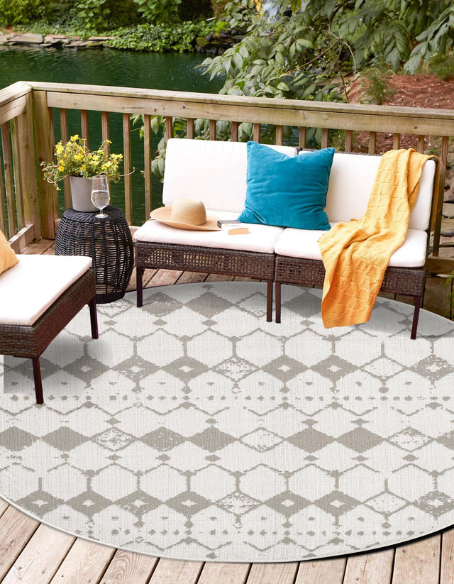 Ivory and Gray 7' x 7' Outdoor Trellis Round Area Rug Weather Resistant for Patio, Deck, Terrace, Balcony, Porch Geometric Design Water Safe Outside Carpet for Sale at Rug Engine