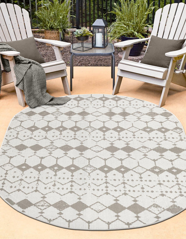 Ivory and Gray 7' 10 x 10' Outdoor Trellis Oval Area Rug Weather Resistant for Patio, Deck, Terrace, Balcony, Porch Geometric Design Water Safe Outside Carpet for Sale at Rug Engine