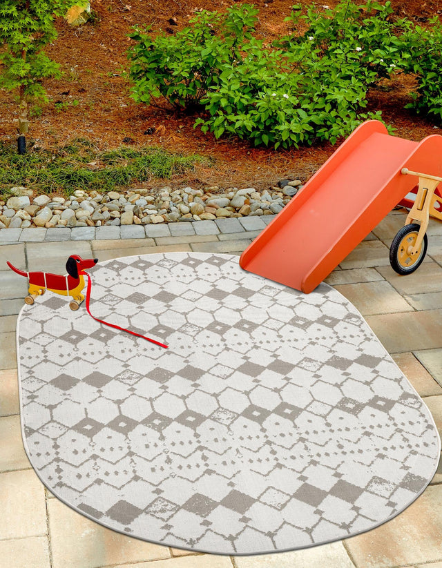 Ivory and Gray 5' 3 x 8' Outdoor Trellis Oval Area Rug Weather Resistant for Patio, Deck, Terrace, Balcony, Porch Geometric Design Water Safe Outside Carpet for Sale at Rug Engine