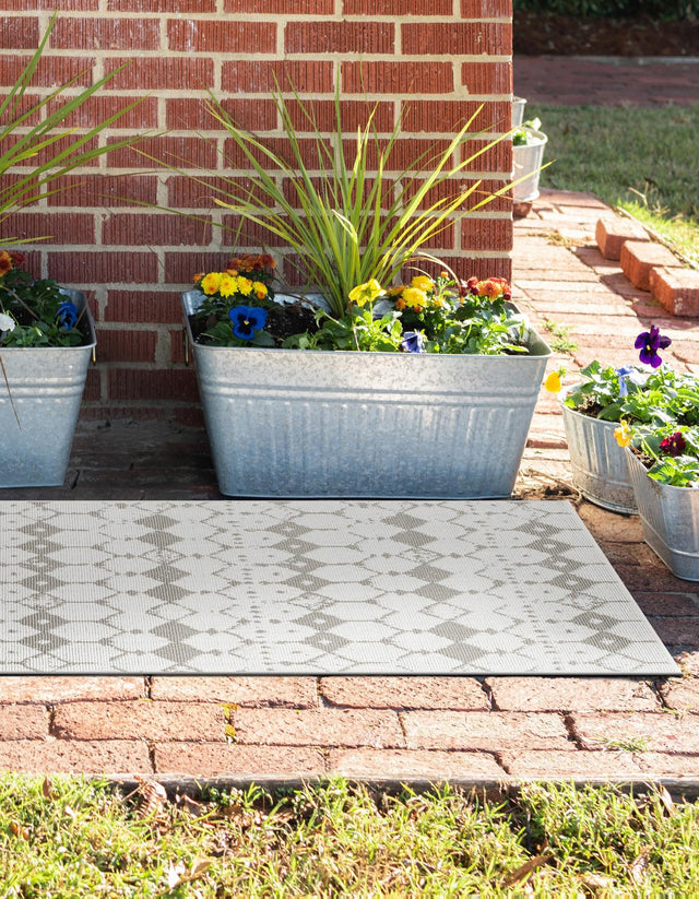 Ivory and Gray 2' x 8' Outdoor Trellis Runner Area Rug Weather Resistant for Patio, Deck, Terrace, Balcony, Porch Geometric Design Water Safe Outside Carpet for Sale at Rug Engine