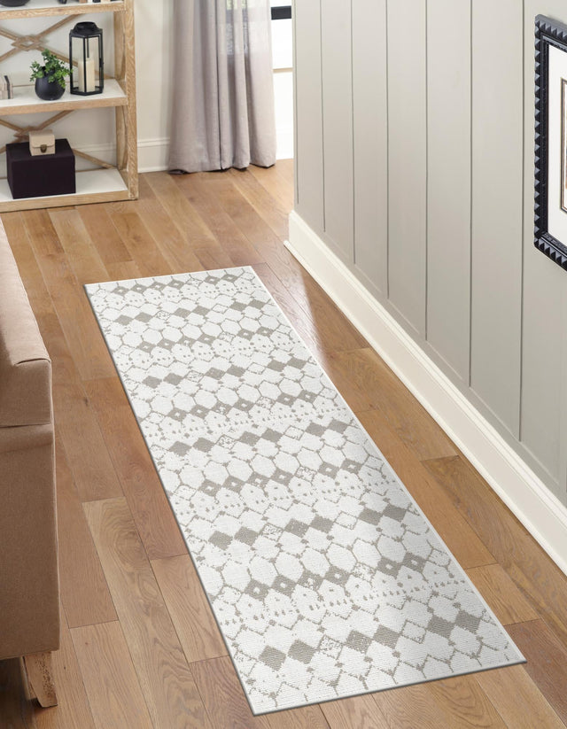 Ivory and Gray 2' x 8' Outdoor Trellis Runner Area Rug Weather Resistant for Patio, Deck, Terrace, Balcony, Porch Geometric Design Water Safe Outside Carpet for Sale at Rug Engine
