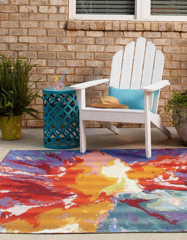 Multicolor 7' 10 x 7' 10 Outdoor Modern Square Area Rug Weather Resistant for Patio, Deck, Terrace, Balcony, Porch 100% Polypropylene Modern Outside Carpet for Sale at Rug Engine