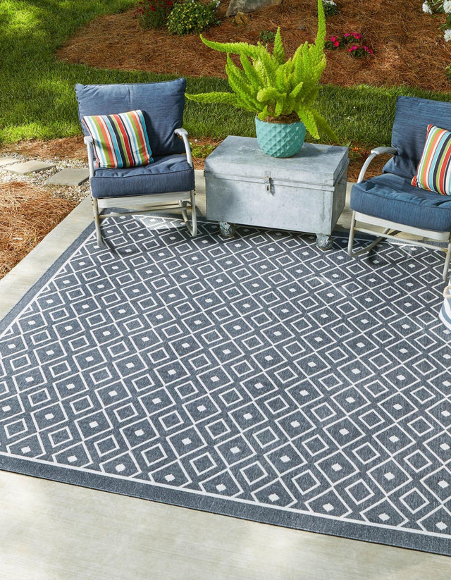 Navy Blue 7' 10 x 7' 10 Outdoor Trellis Square Area Rug Weather Resistant for Patio, Deck, Terrace, Balcony, Porch Geometric Design Water Safe Outside Carpet for Sale at Rug Engine