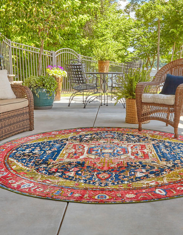 Multicolor 6' 1 x 6' 1 Outdoor Traditional Round Area Rug Weather Resistant for Patio, Deck, Terrace, Balcony, Porch Classical Design Outside Carpet for Sale at Rug Engine
