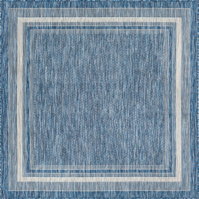 Blue 5' 3 x 5' 3 Outdoor Border Square Area Rug Weather Resistant for Patio, Deck, Terrace, Balcony, Porch 100% Polypropylene Classic Bordered Carpet for Sale at Rug Engine