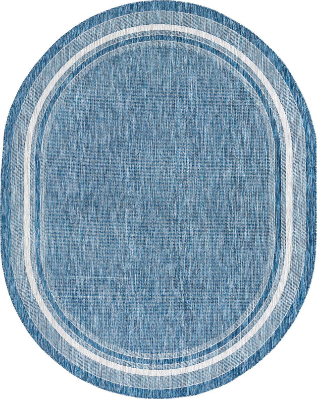 Blue 7' 10 x 10' Outdoor Border Oval Area Rug Weather Resistant for Patio, Deck, Terrace, Balcony, Porch 100% Polypropylene Classic Bordered Carpet for Sale at Rug Engine