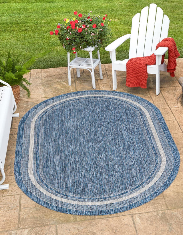 Blue 7' 10 x 10' Outdoor Border Oval Area Rug Weather Resistant for Patio, Deck, Terrace, Balcony, Porch 100% Polypropylene Classic Bordered Carpet for Sale at Rug Engine
