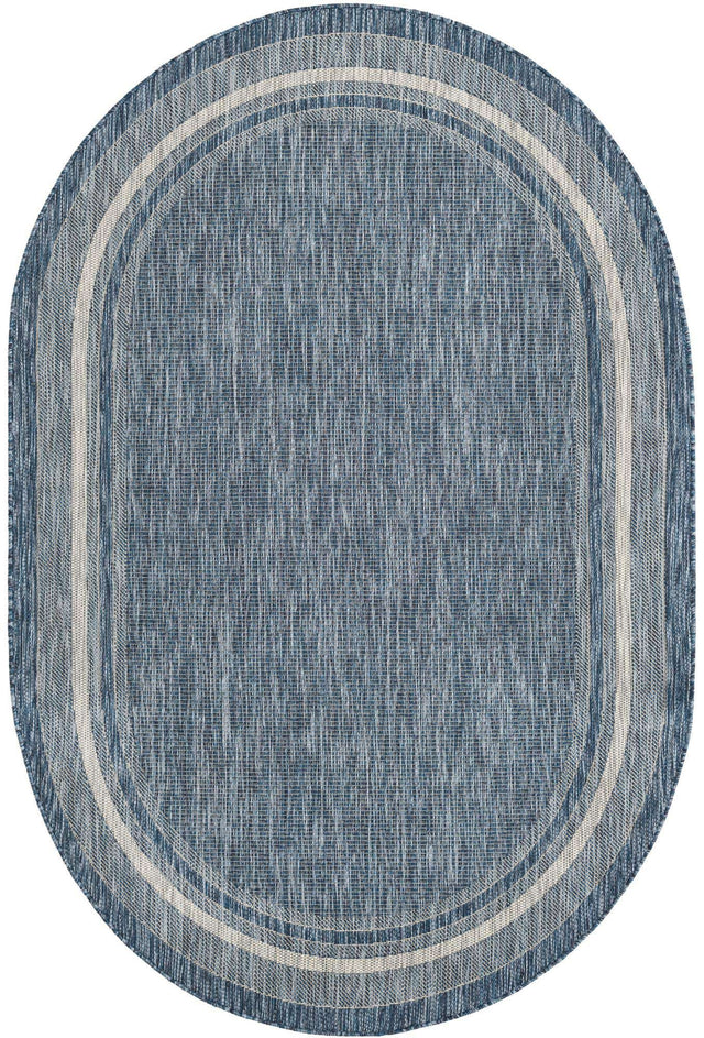 Blue 5' 3 x 8' Outdoor Border Oval Area Rug Weather Resistant for Patio, Deck, Terrace, Balcony, Porch 100% Polypropylene Classic Bordered Carpet for Sale at Rug Engine